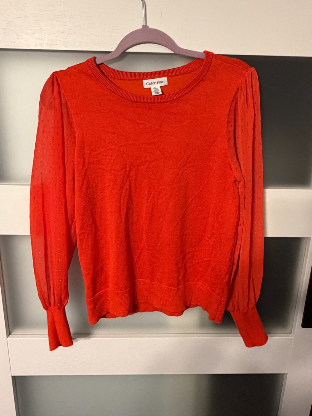 Calvin Klein Red Long-Sleeve Puff-Sleeve Knit Top